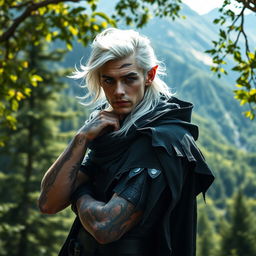 A male rogue Changeling, known as the Outcast Shapeshifter, is positioned in a breathtaking natural setting featuring lush green forests and majestic mountains in the background