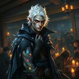 A male rogue Changeling, identified as the Outcast Shapeshifter, is depicted within a bustling guild scene, filled with the energy of various characters engaged in clandestine activities