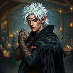 A male rogue Changeling, identified as the Outcast Shapeshifter, is depicted within a bustling guild scene, filled with the energy of various characters engaged in clandestine activities