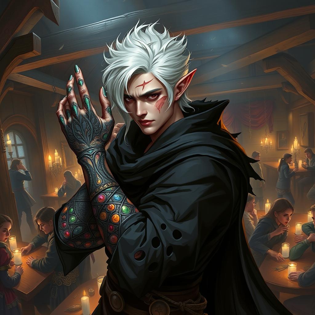 A male rogue Changeling, identified as the Outcast Shapeshifter, is depicted within a bustling guild scene, filled with the energy of various characters engaged in clandestine activities