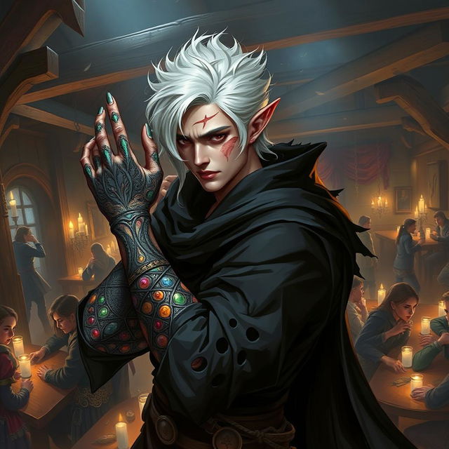 A male rogue Changeling, identified as the Outcast Shapeshifter, is depicted within a bustling guild scene, filled with the energy of various characters engaged in clandestine activities