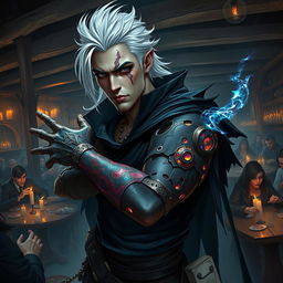 A male rogue Changeling, identified as the Outcast Shapeshifter, is depicted within a bustling guild scene, filled with the energy of various characters engaged in clandestine activities