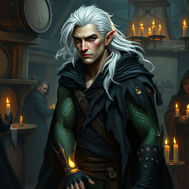 A male rogue Changeling, recognized as the Outcast Shapeshifter, is depicted in a shadowy guild setting bustling with activity