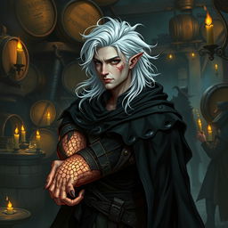 A male rogue Changeling, recognized as the Outcast Shapeshifter, is depicted in a shadowy guild setting bustling with activity