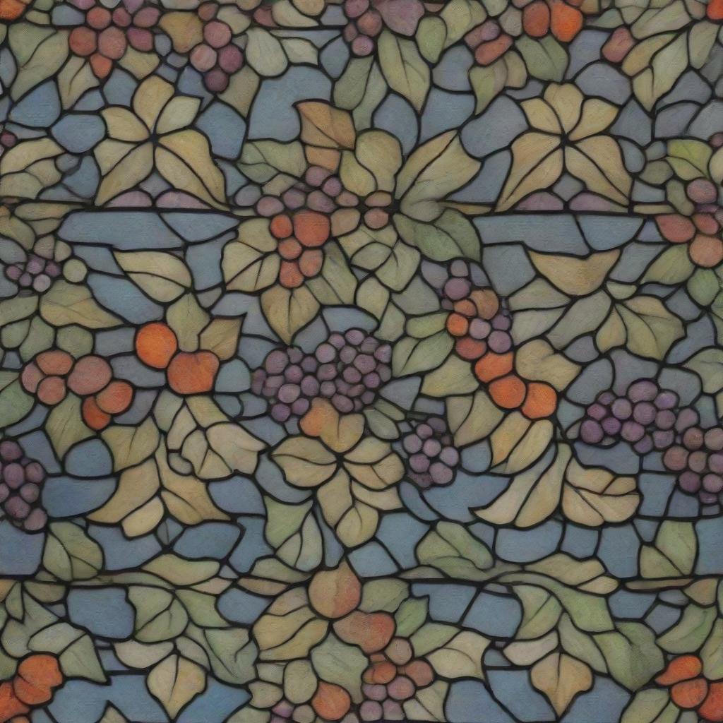 A lengthy, delicate stained glass design resplendent with radiant colors. It beautifully shows intricacies of ivy motifs and a hint of grapes design elements.