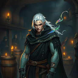 A male rogue Changeling, recognized as the Outcast Shapeshifter, is depicted in a shadowy guild setting bustling with activity