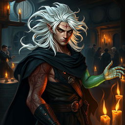 A male rogue Changeling, recognized as the Outcast Shapeshifter, is depicted in a shadowy guild setting bustling with activity