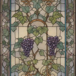 A lengthy, delicate stained glass design resplendent with radiant colors. It beautifully shows intricacies of ivy motifs and a hint of grapes design elements.