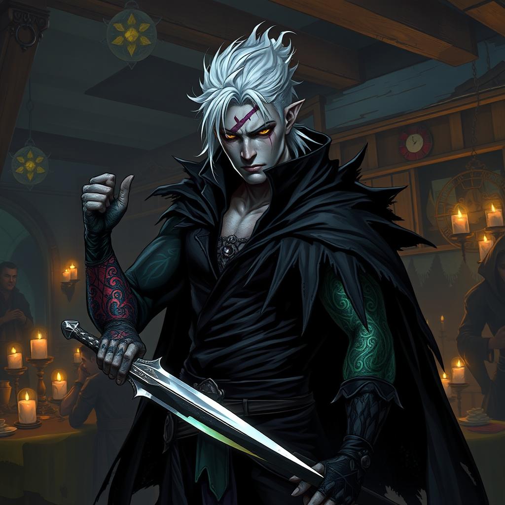 A male rogue Changeling, identified as the Outcast Shapeshifter, is depicted within a dimly lit guild scene filled with intrigue and shadowy figures