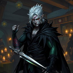 A male rogue Changeling, identified as the Outcast Shapeshifter, is depicted within a dimly lit guild scene filled with intrigue and shadowy figures