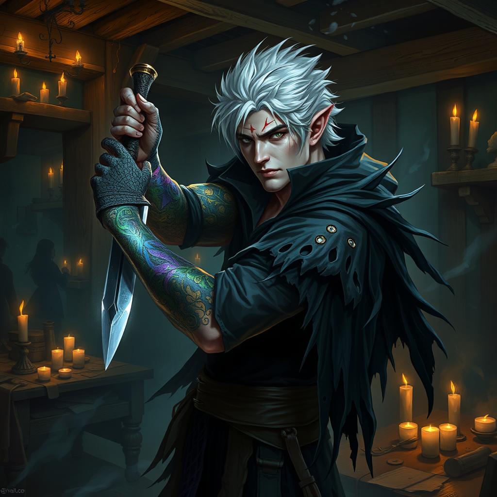 A male rogue Changeling, identified as the Outcast Shapeshifter, is depicted within a dimly lit guild scene filled with intrigue and shadowy figures