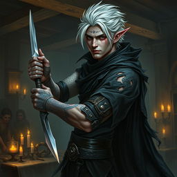 A male rogue Changeling, identified as the Outcast Shapeshifter, is depicted within a dimly lit guild scene filled with intrigue and shadowy figures