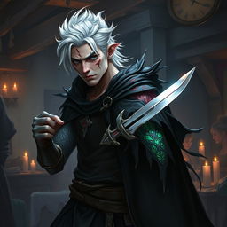 A male rogue Changeling, identified as the Outcast Shapeshifter, is depicted within a dimly lit guild scene filled with intrigue and shadowy figures