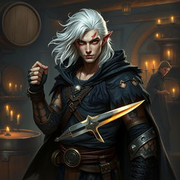 A male rogue Changeling, known as the Outcast Shapeshifter, is portrayed in a dynamic guild environment filled with whispers and shadows