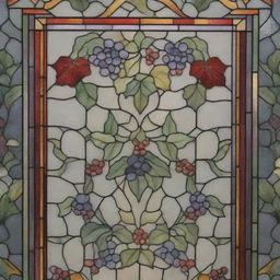 A lengthy, delicate stained glass design resplendent with radiant colors. It beautifully shows intricacies of ivy motifs and a hint of grapes design elements.