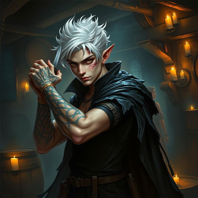 A male rogue Changeling, labeled as the Outcast Shapeshifter, is portrayed within a dimly lit guild atmosphere bustling with intrigue