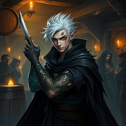 A male rogue Changeling, labeled as the Outcast Shapeshifter, is portrayed within a dimly lit guild atmosphere bustling with intrigue