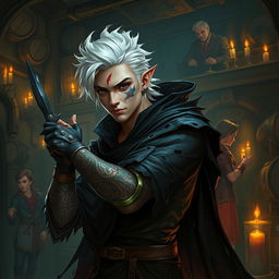 A male rogue Changeling, labeled as the Outcast Shapeshifter, is portrayed within a dimly lit guild atmosphere bustling with intrigue