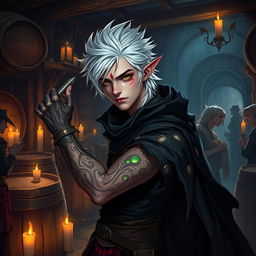 A male rogue Changeling, labeled as the Outcast Shapeshifter, is portrayed within a dimly lit guild atmosphere bustling with intrigue