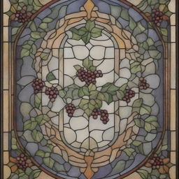 A lengthy, delicate stained glass design resplendent with radiant colors. It beautifully shows intricacies of ivy motifs and a hint of grapes design elements.