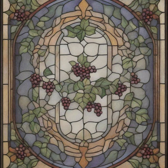 A lengthy, delicate stained glass design resplendent with radiant colors. It beautifully shows intricacies of ivy motifs and a hint of grapes design elements.