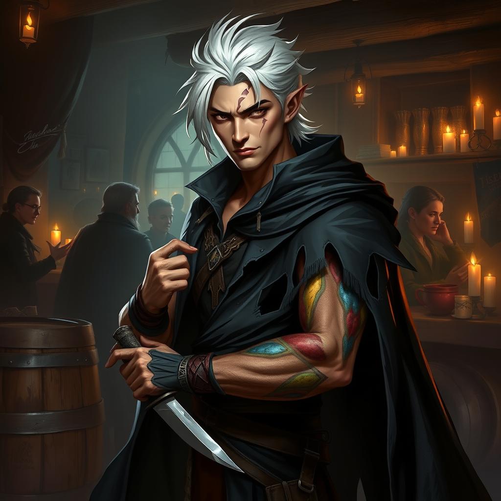 A male rogue Changeling, known as the Outcast Shapeshifter, stands confidently in a dimly lit guild setting that exudes a sense of mystery and secrecy