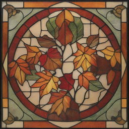 An intricate stained glass design that encapsulates the essence of Autumn. The design displays rich warm colors and delicate detailing.