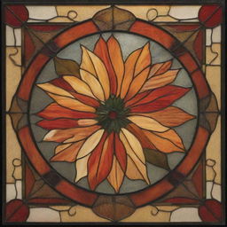 An intricate stained glass design that encapsulates the essence of Autumn. The design displays rich warm colors and delicate detailing.