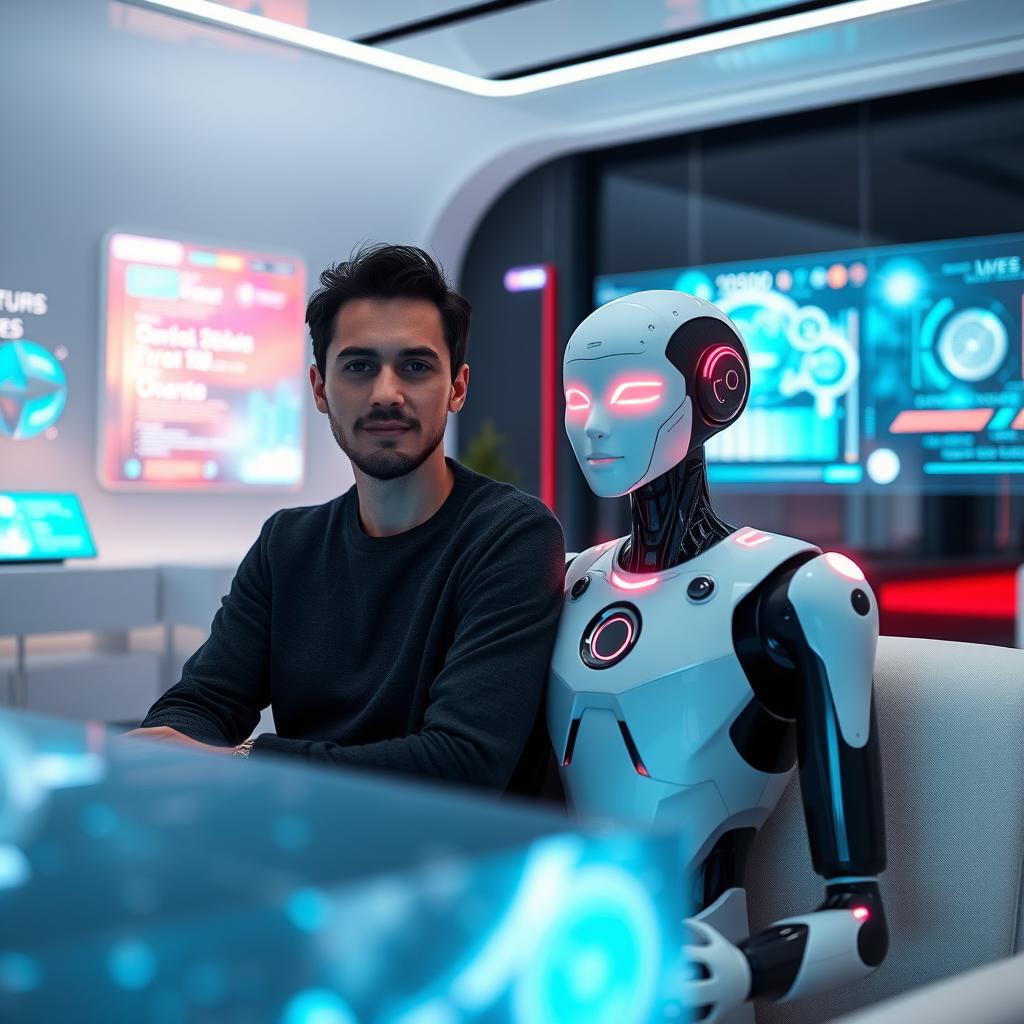 A serene scene featuring a person with a calm expression and a humanoid AI, both sitting together in a modern, sleek futuristic room