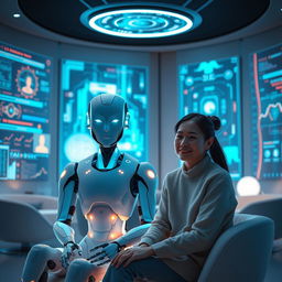 A serene scene featuring a person with a calm expression and a humanoid AI, both sitting together in a modern, sleek futuristic room