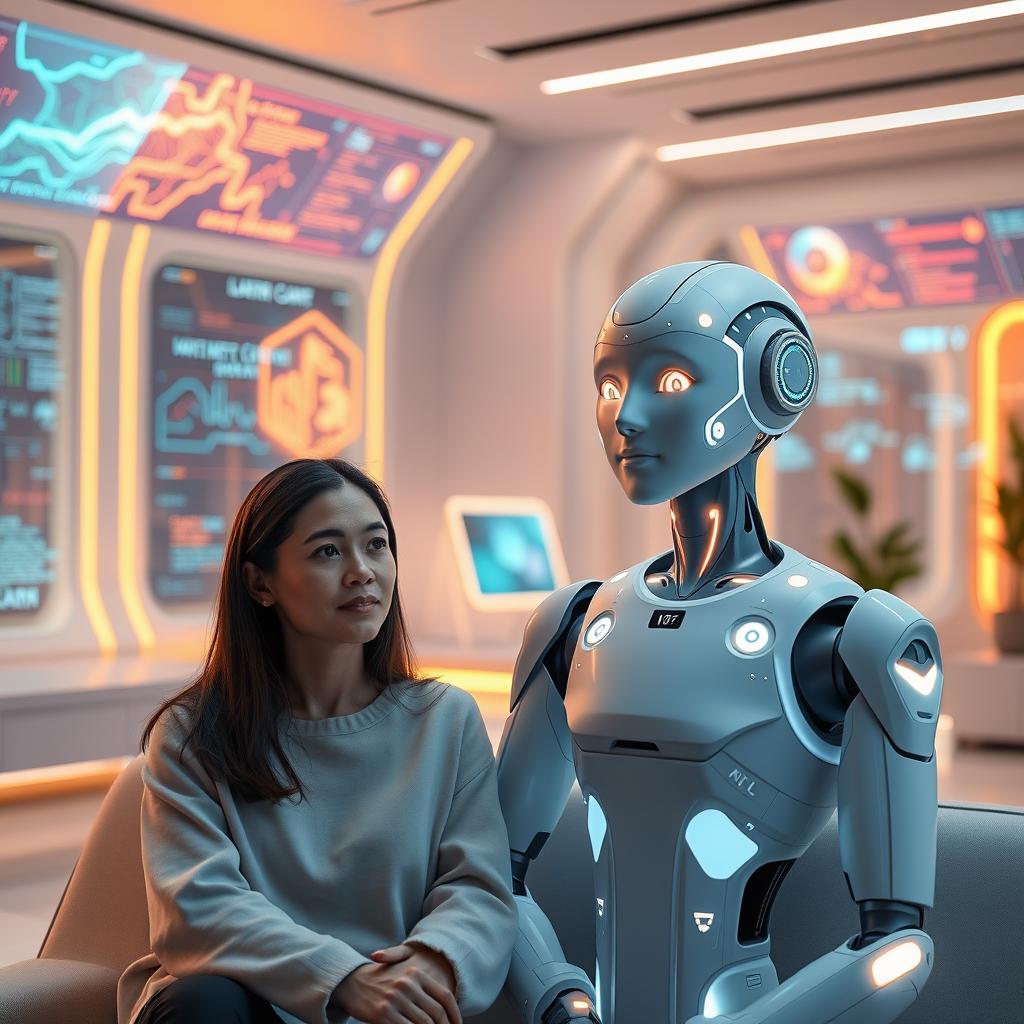 A serene scene featuring a person with a calm expression and a humanoid AI, both sitting together in a modern, sleek futuristic room