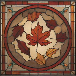 An intricate stained glass design that encapsulates the essence of Autumn. The design displays rich warm colors and delicate detailing.