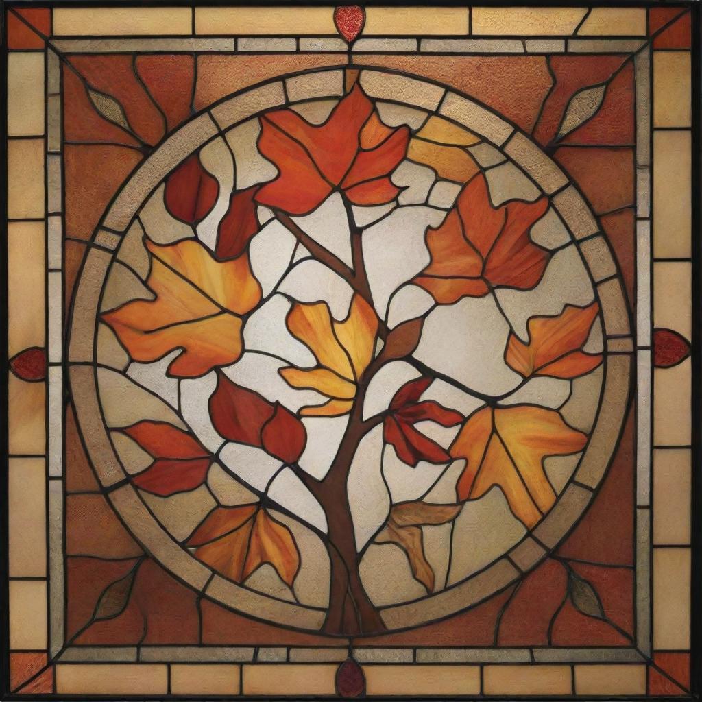 An intricate stained glass design that encapsulates the essence of Autumn. The design displays rich warm colors and delicate detailing.