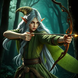 An elegant elf wizard expertly holding a beautifully crafted bow, adorned with mystical runes