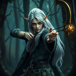 An elegant elf wizard expertly holding a beautifully crafted bow, adorned with mystical runes