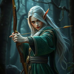 An elegant elf wizard expertly holding a beautifully crafted bow, adorned with mystical runes