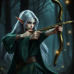 An elegant elf wizard expertly holding a beautifully crafted bow, adorned with mystical runes