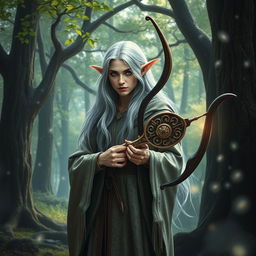 A mystical elf wizard standing in an enchanted forest, holding a beautifully crafted bow adorned with intricate designs