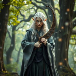 A mystical elf wizard standing in an enchanted forest, holding a beautifully crafted bow adorned with intricate designs