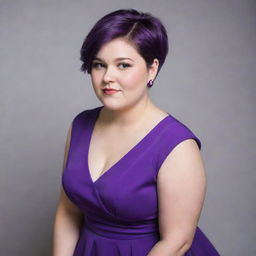 A chubby girl with short hair elegantly dressed in a vibrant purple dress