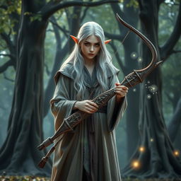 A mystical elf wizard standing in an enchanted forest, holding a beautifully crafted bow adorned with intricate designs