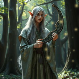 A mystical elf wizard standing in an enchanted forest, holding a beautifully crafted bow adorned with intricate designs