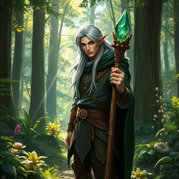 A male elf ranger wizard standing in an enchanted forest