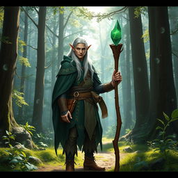 A male elf ranger wizard standing in an enchanted forest