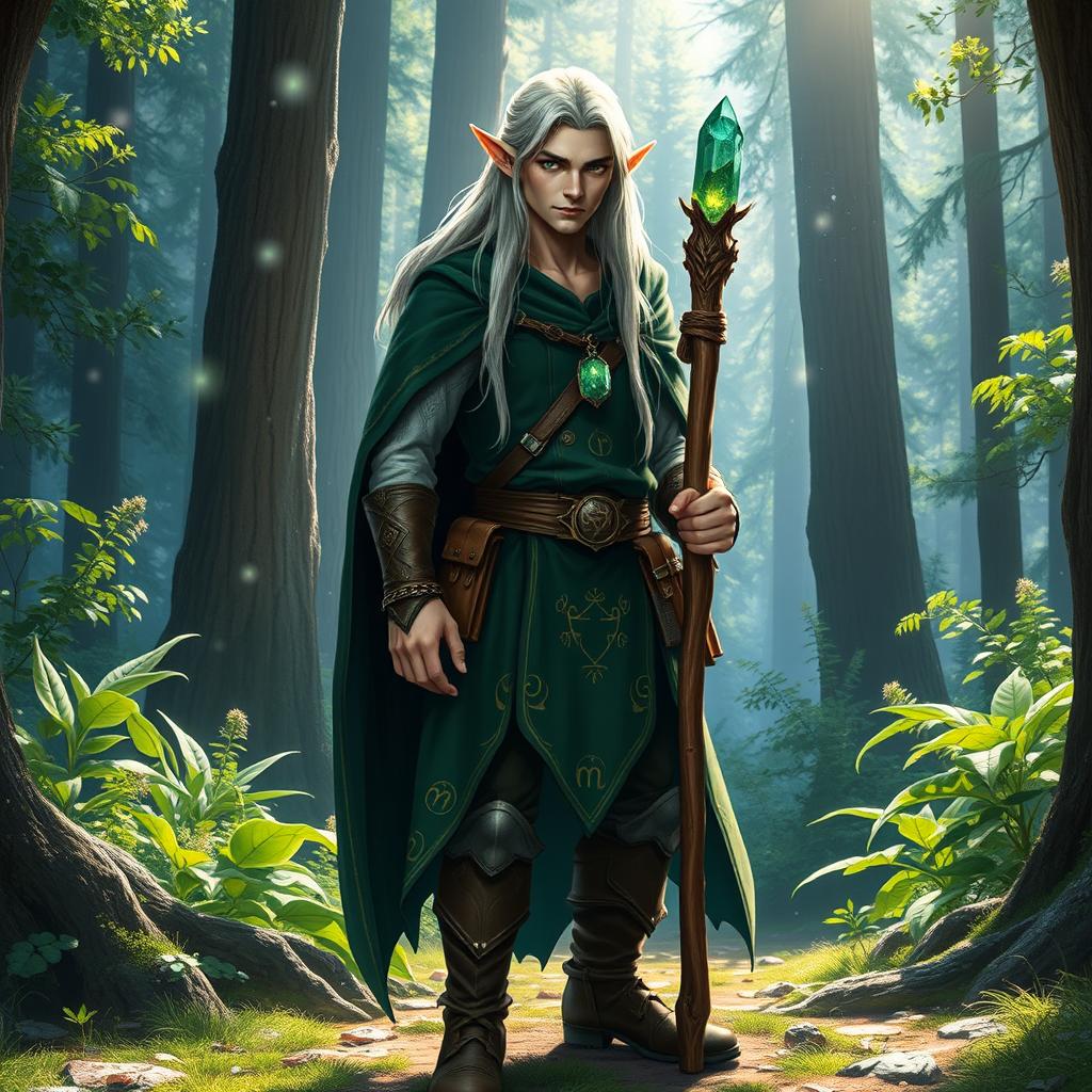 A male elf ranger wizard standing in an enchanted forest