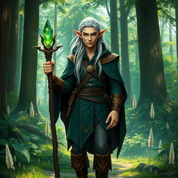 A male elf ranger wizard standing in an enchanted forest