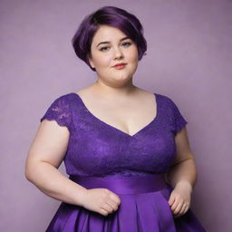 A chubby girl with short hair elegantly dressed in a vibrant purple dress