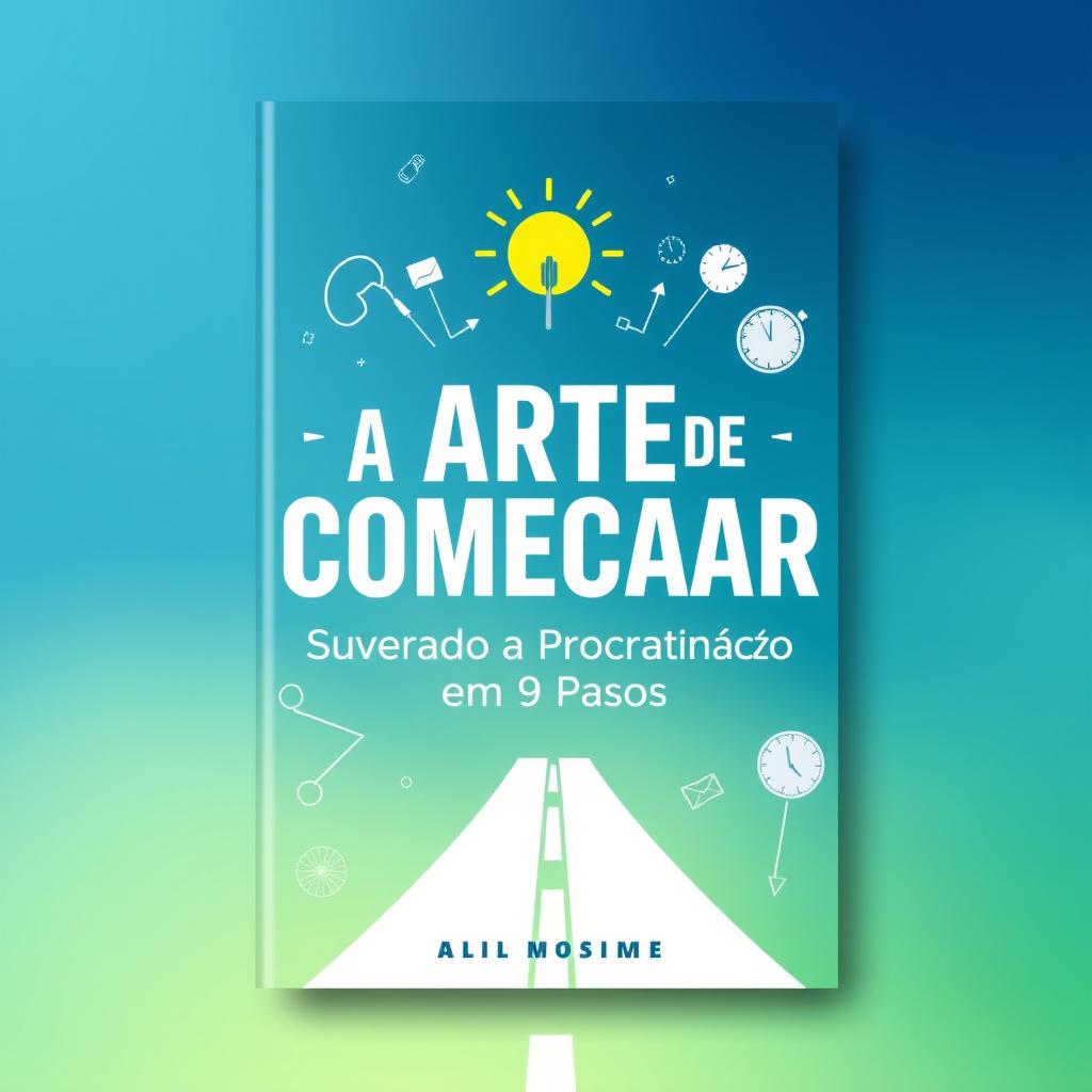 A book cover design for an E-book titled 'A Arte de Começar: Superando a Procrastinação em 9 Passos'