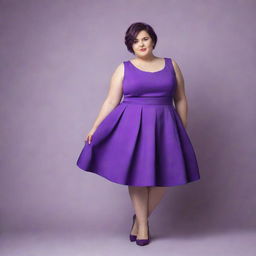 A chubby girl with short hair elegantly dressed in a vibrant purple dress