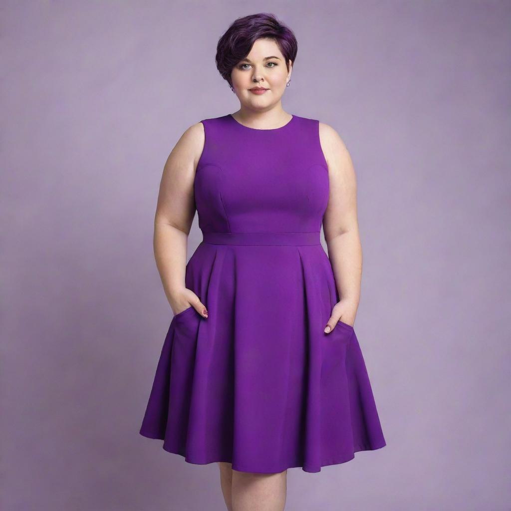 A chubby girl with short hair elegantly dressed in a vibrant purple dress